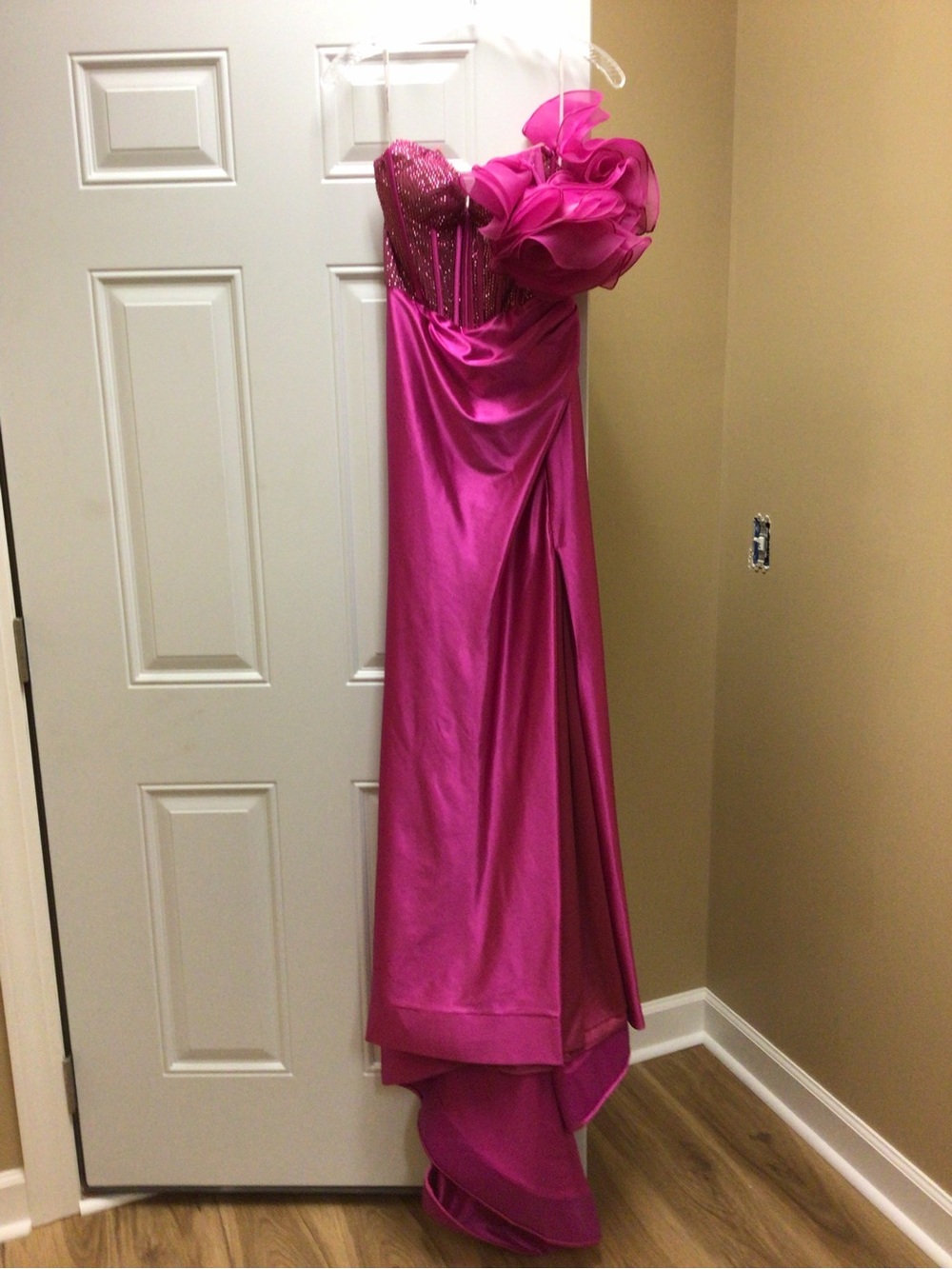 Sherri Hill Hot Pink One-Shoulder Prom Gown with Floral Accent